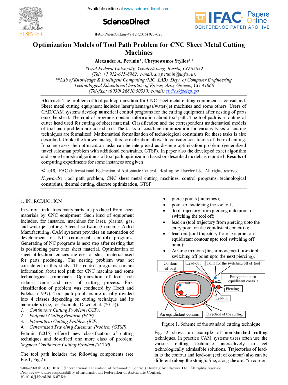 Optimization Models of Tool Path Problem for CNC Sheet Metal Cutting Machines