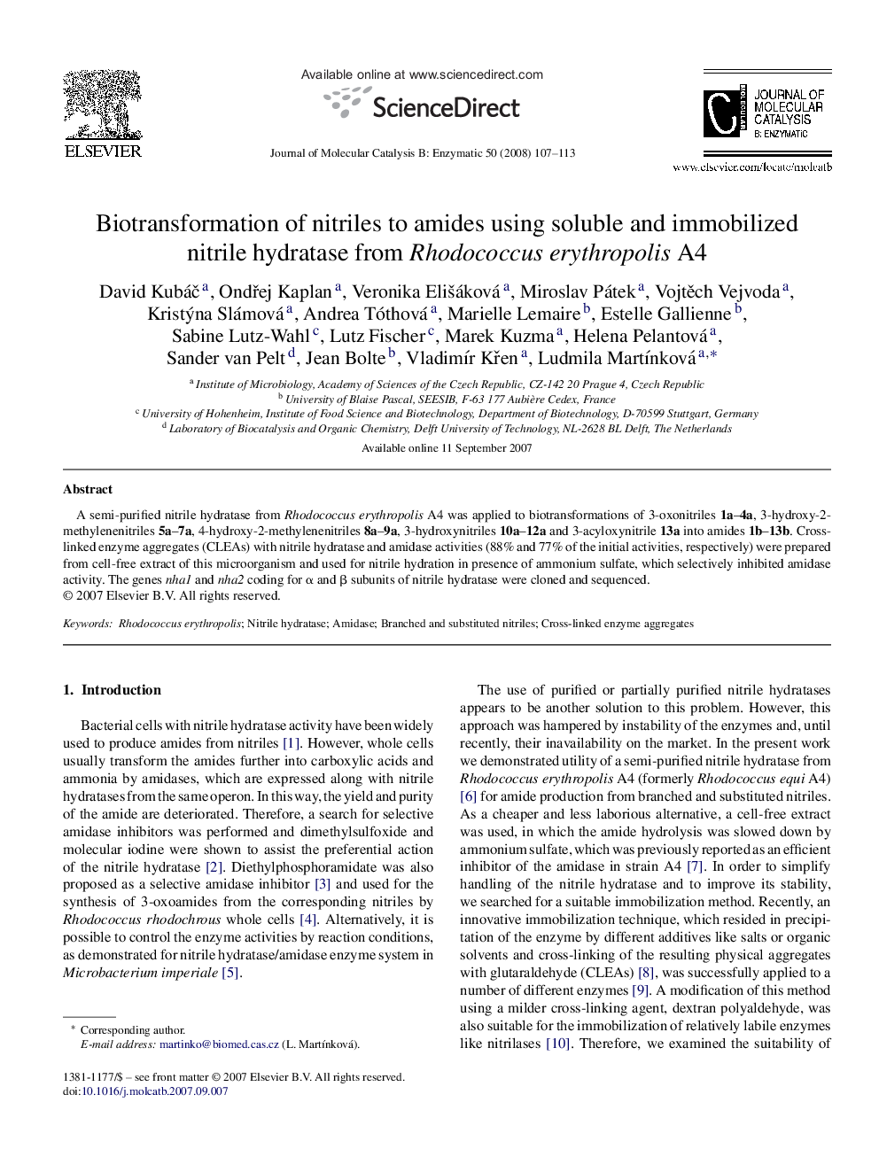 Biotransformation of nitriles to amides using soluble and immobilized nitrile hydratase from Rhodococcus erythropolis A4