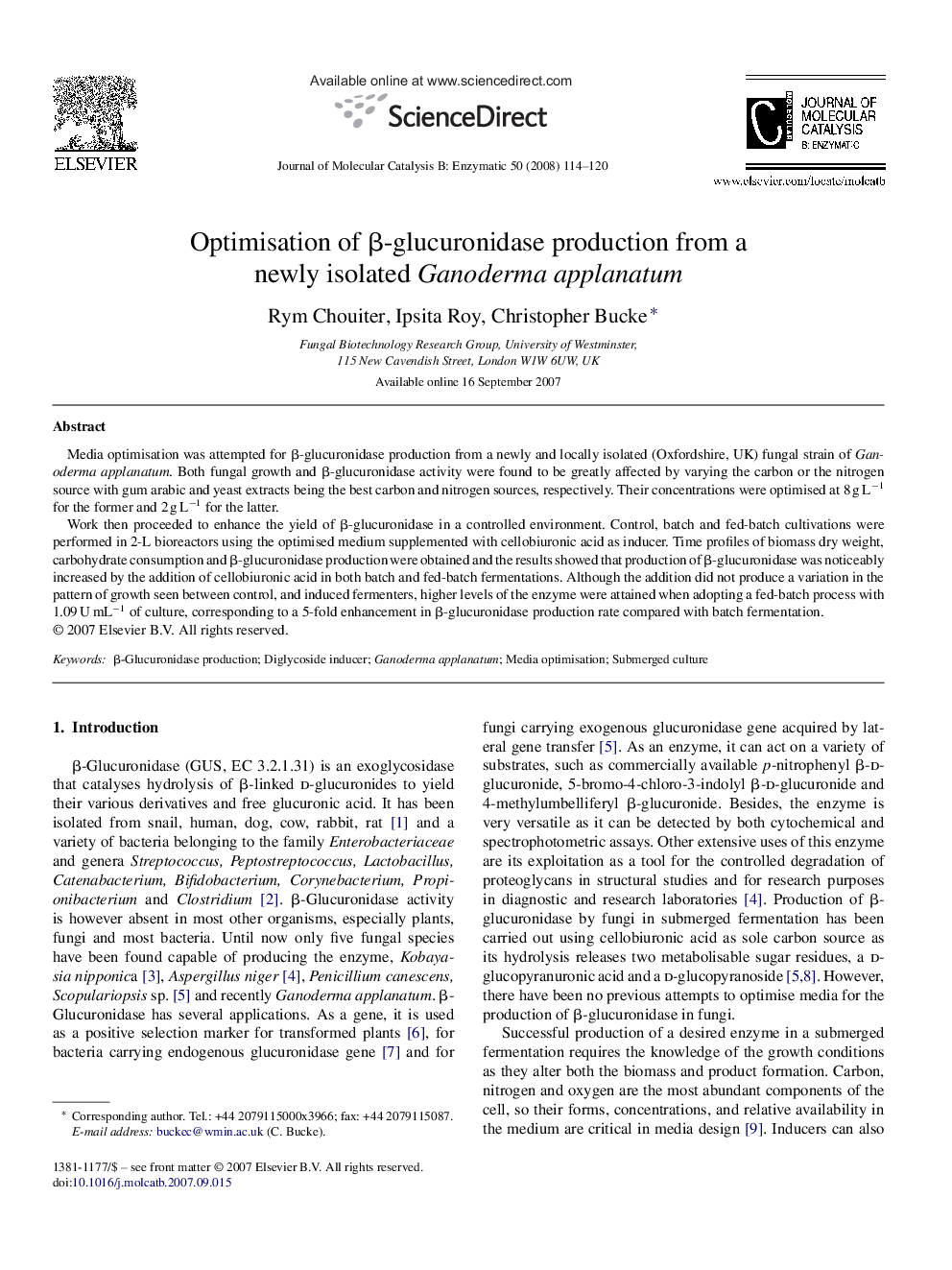 Optimisation of β-glucuronidase production from a newly isolated Ganoderma applanatum