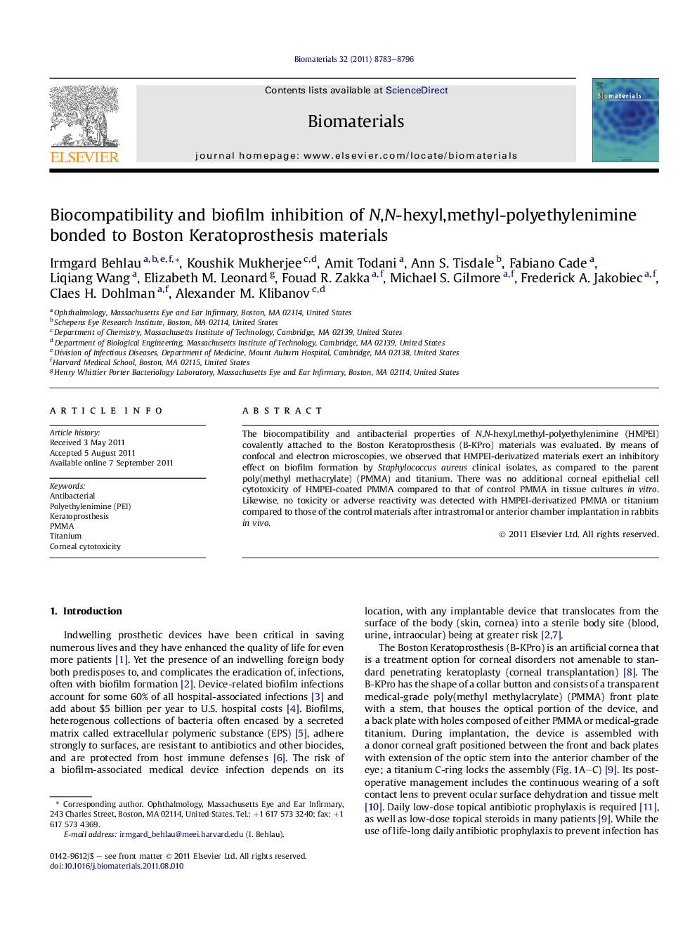 Biocompatibility and biofilm inhibition of N,N-hexyl,methyl-polyethylenimine bonded to Boston Keratoprosthesis materials