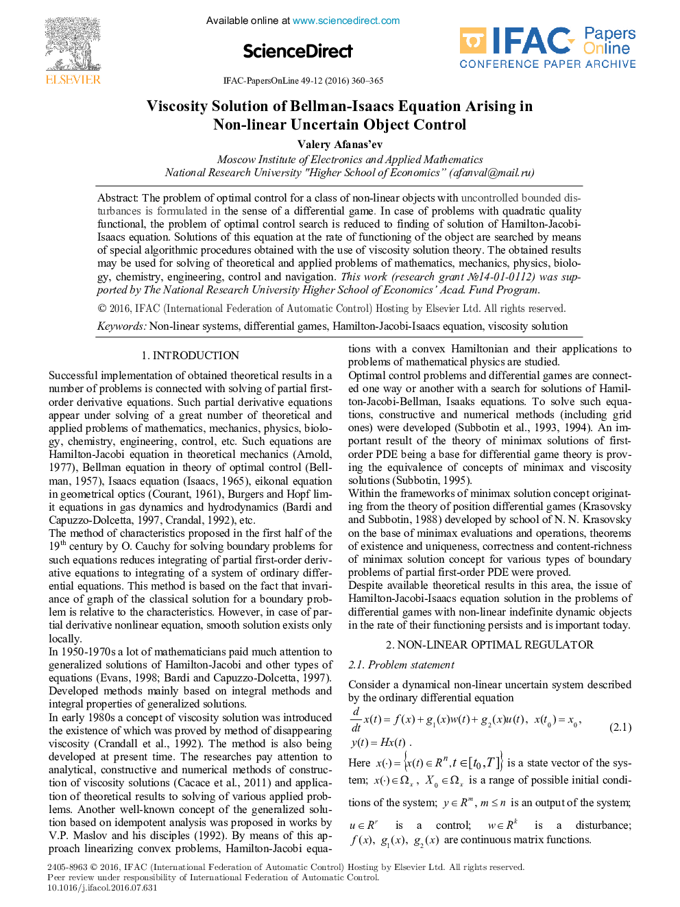 Viscosity Solution of Bellman-Isaacs Equation Arising in Non-linear Uncertain Object Control