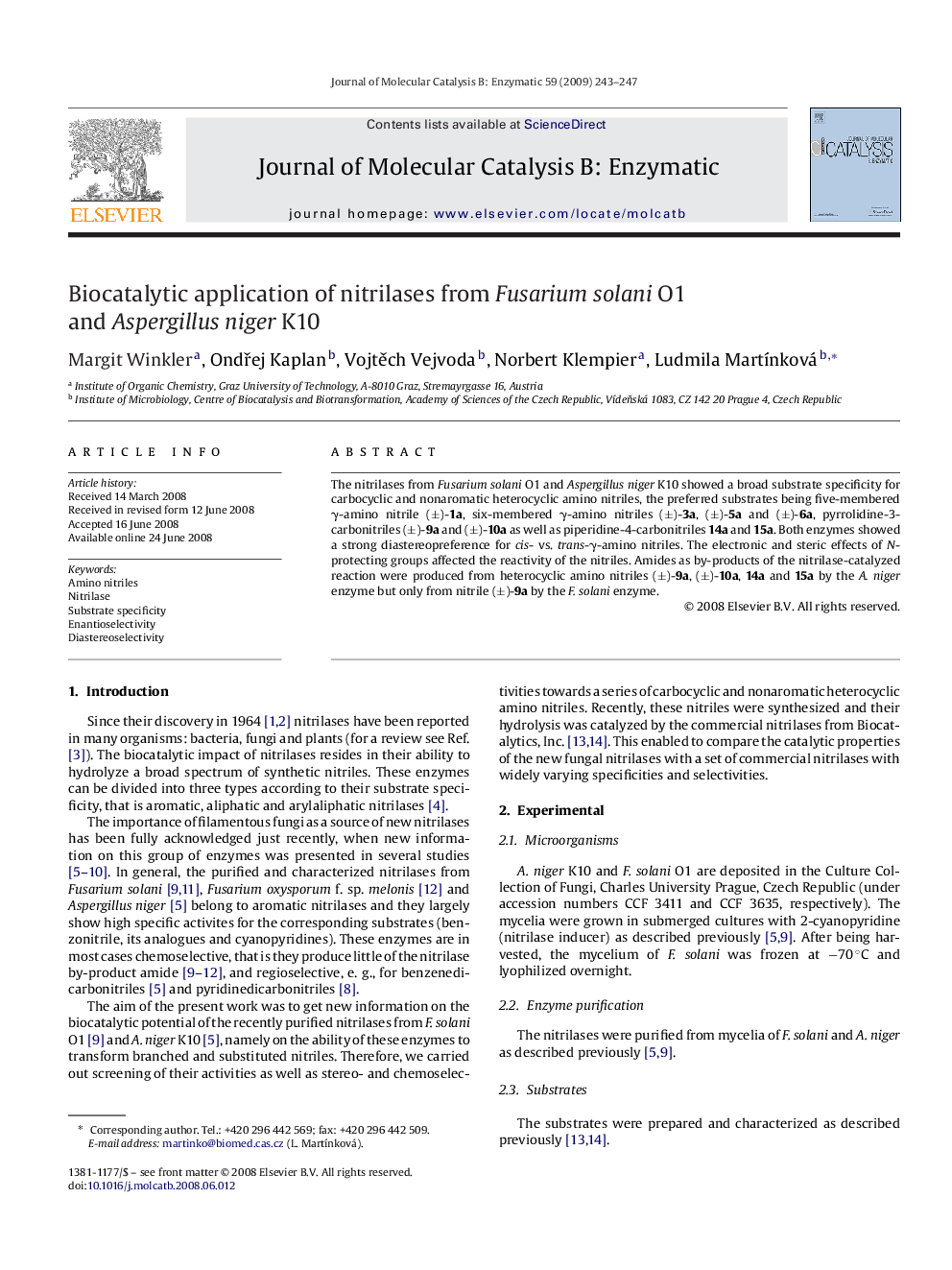 Biocatalytic application of nitrilases from Fusarium solani O1 and Aspergillus niger K10