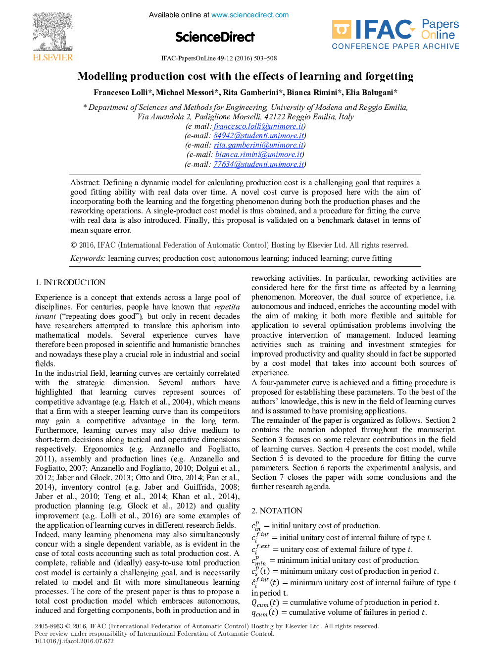 Modelling production cost with the effects of learning and forgetting