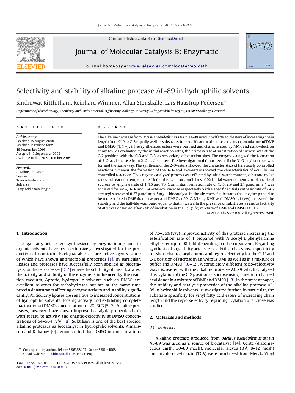 Selectivity and stability of alkaline protease AL-89 in hydrophilic solvents