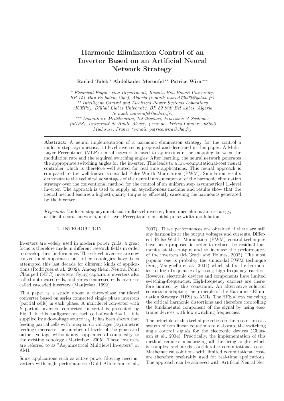 Harmonic Elimination Control of an Inverter Based on an Artificial Neural Network Strategy