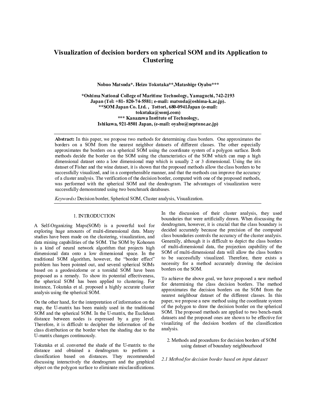 Visualization of decision borders on spherical SOM and its Application to Clustering