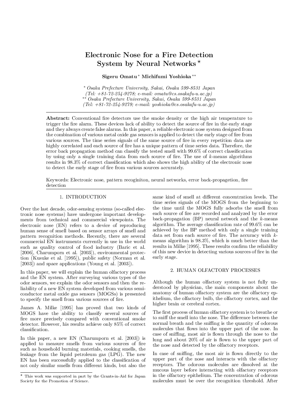 Electronic Nose for a Fire Detection System by Neural Networks 