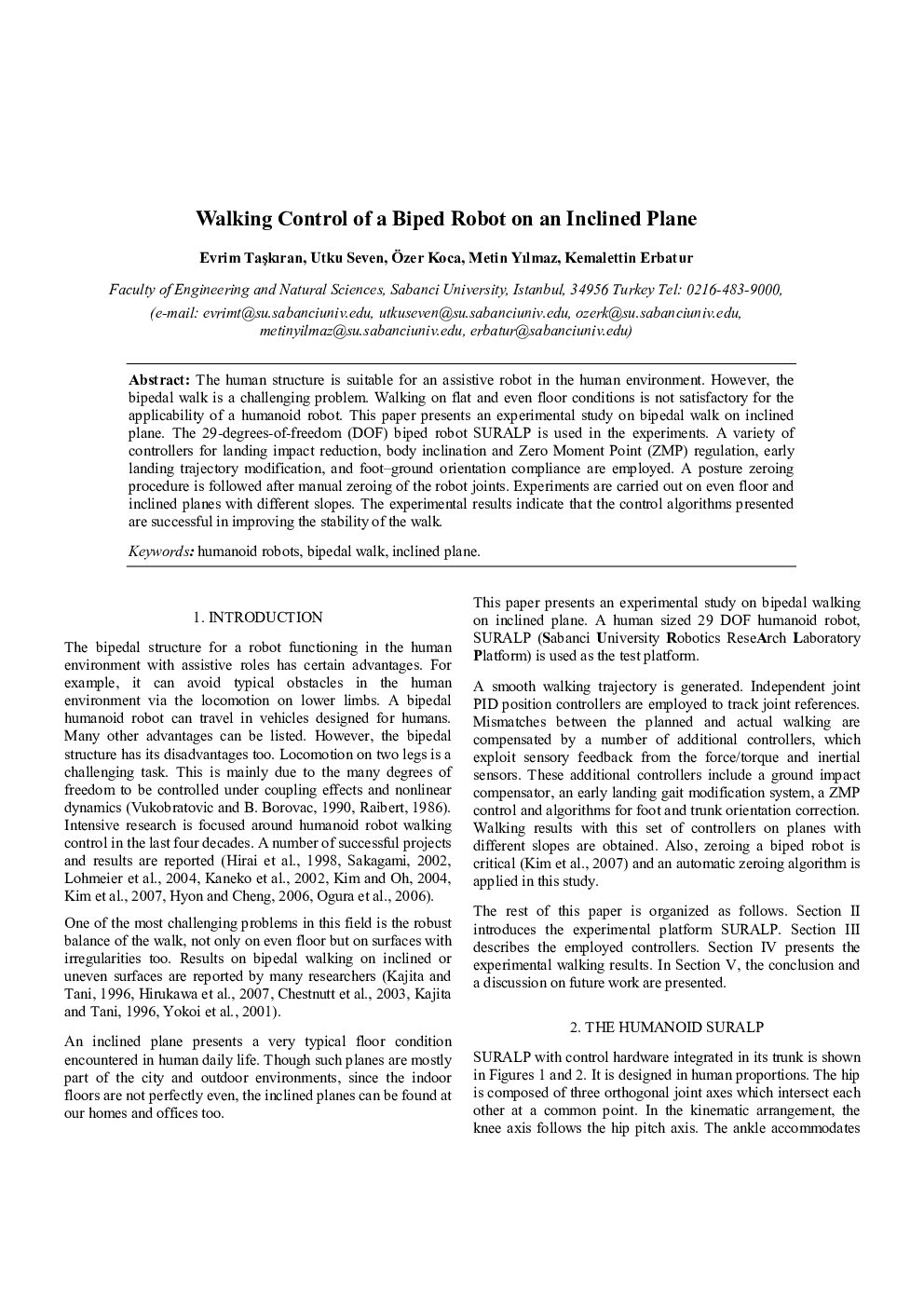 Walking Control of a Biped Robot on an Inclined Plane