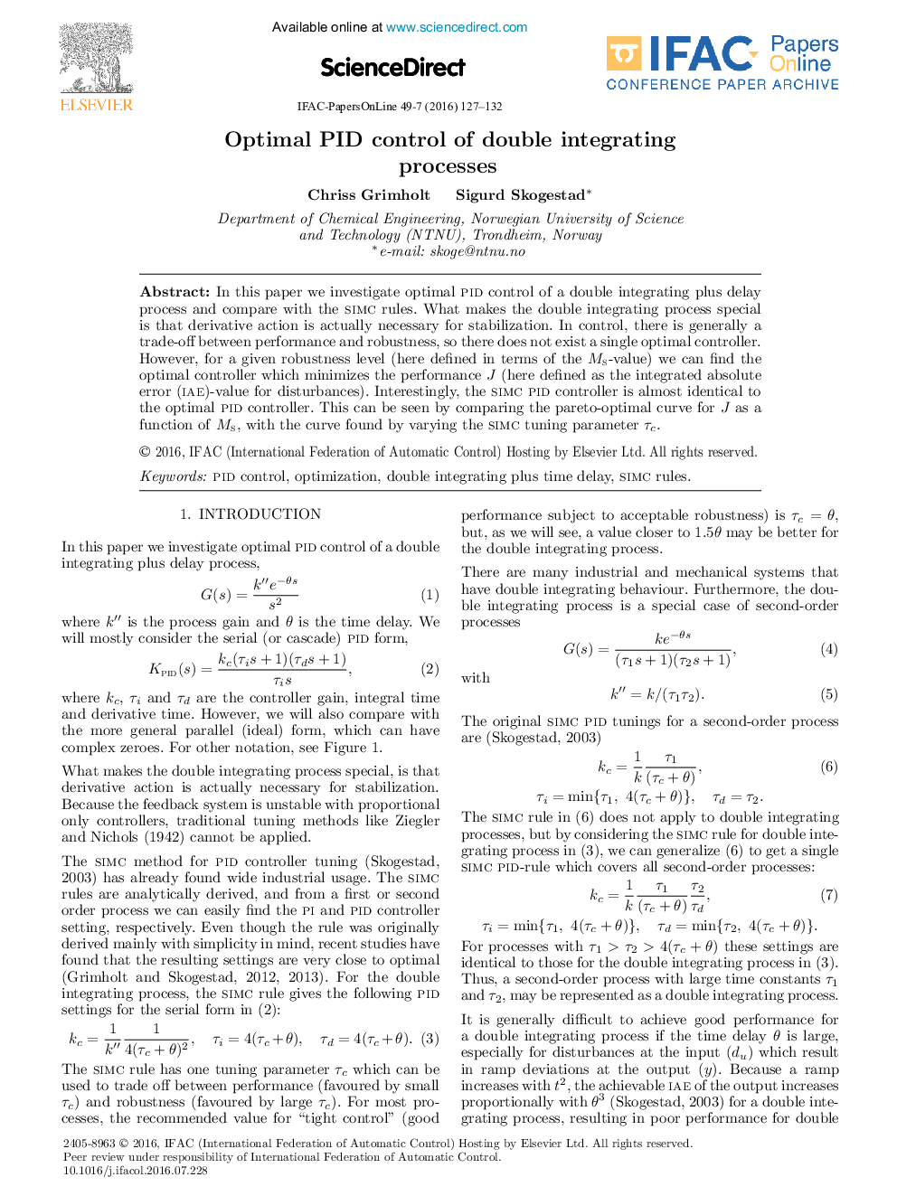 Optimal PID control of double integrating processes