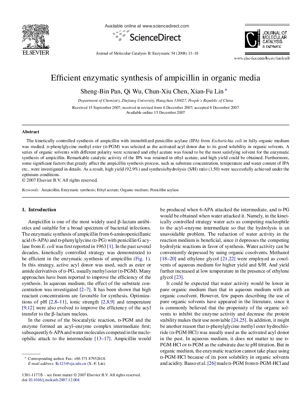 Efficient enzymatic synthesis of ampicillin in organic media