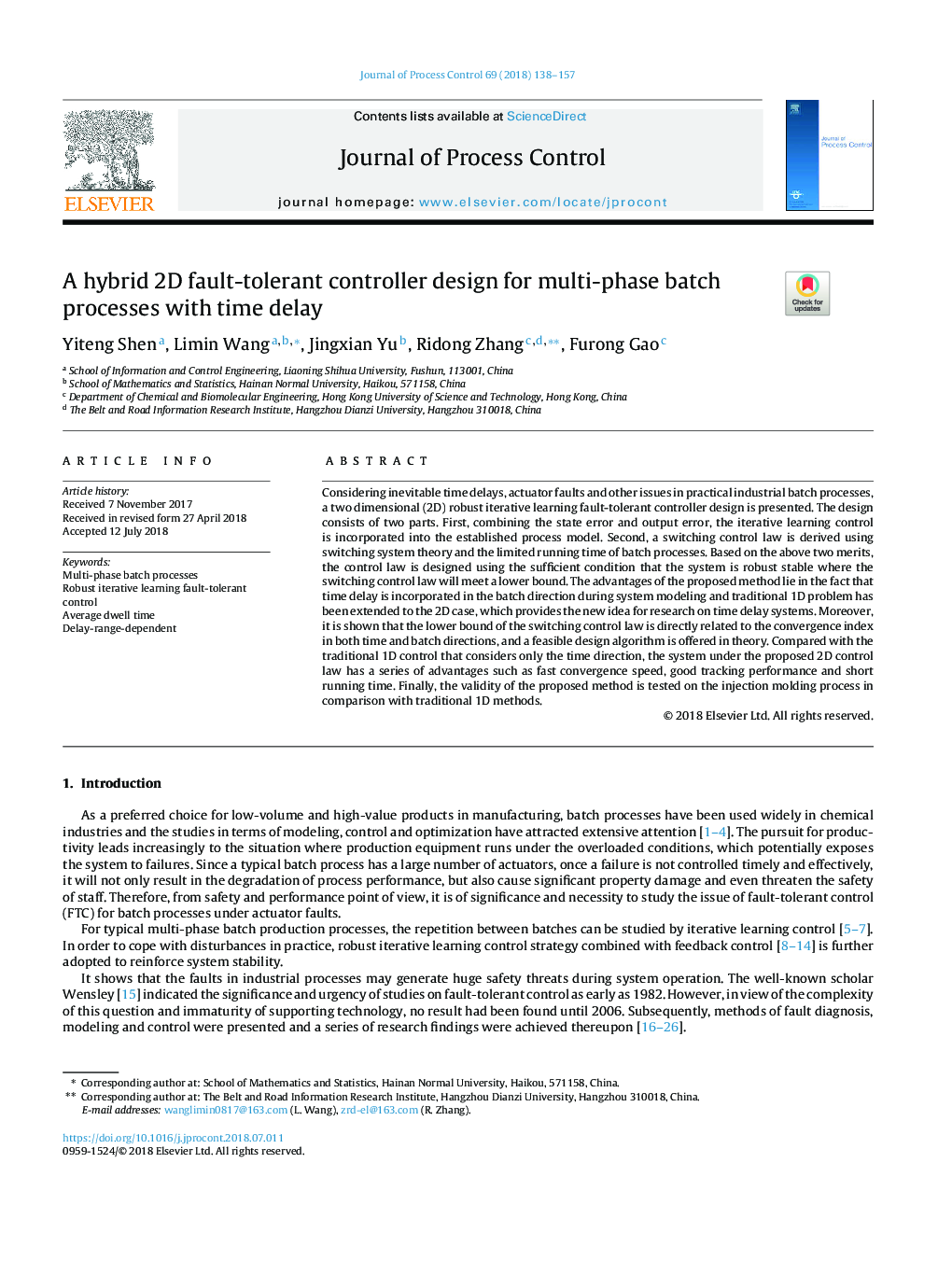 A hybrid 2D fault-tolerant controller design for multi-phase batch processes with time delay