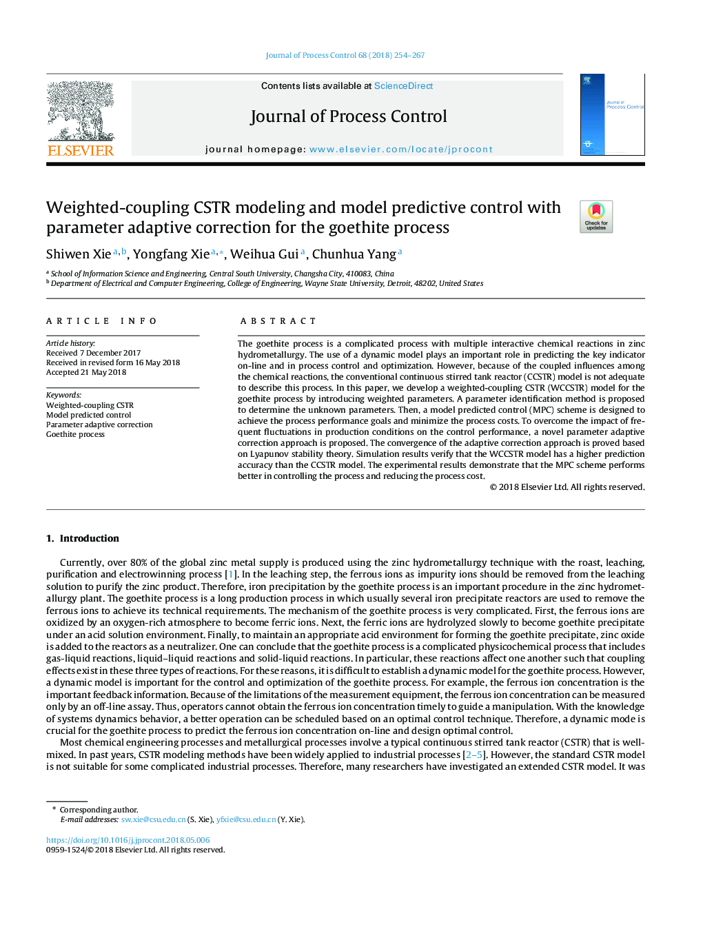 عکس صفحه اول مقاله: Weighted-coupling CSTR modeling and model predictive control with parameter adaptive correction for the goethite process Weighted-coupling CSTR modeling and model predictive control with parameter adaptive correction for the goethite process