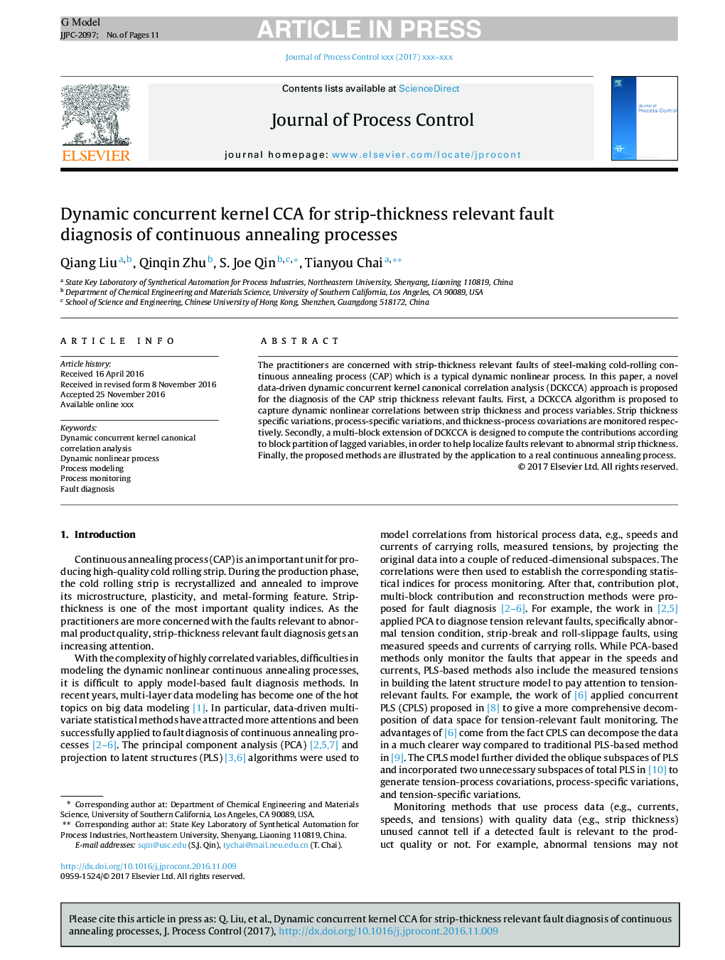 Dynamic concurrent kernel CCA for strip-thickness relevant fault diagnosis of continuous annealing processes