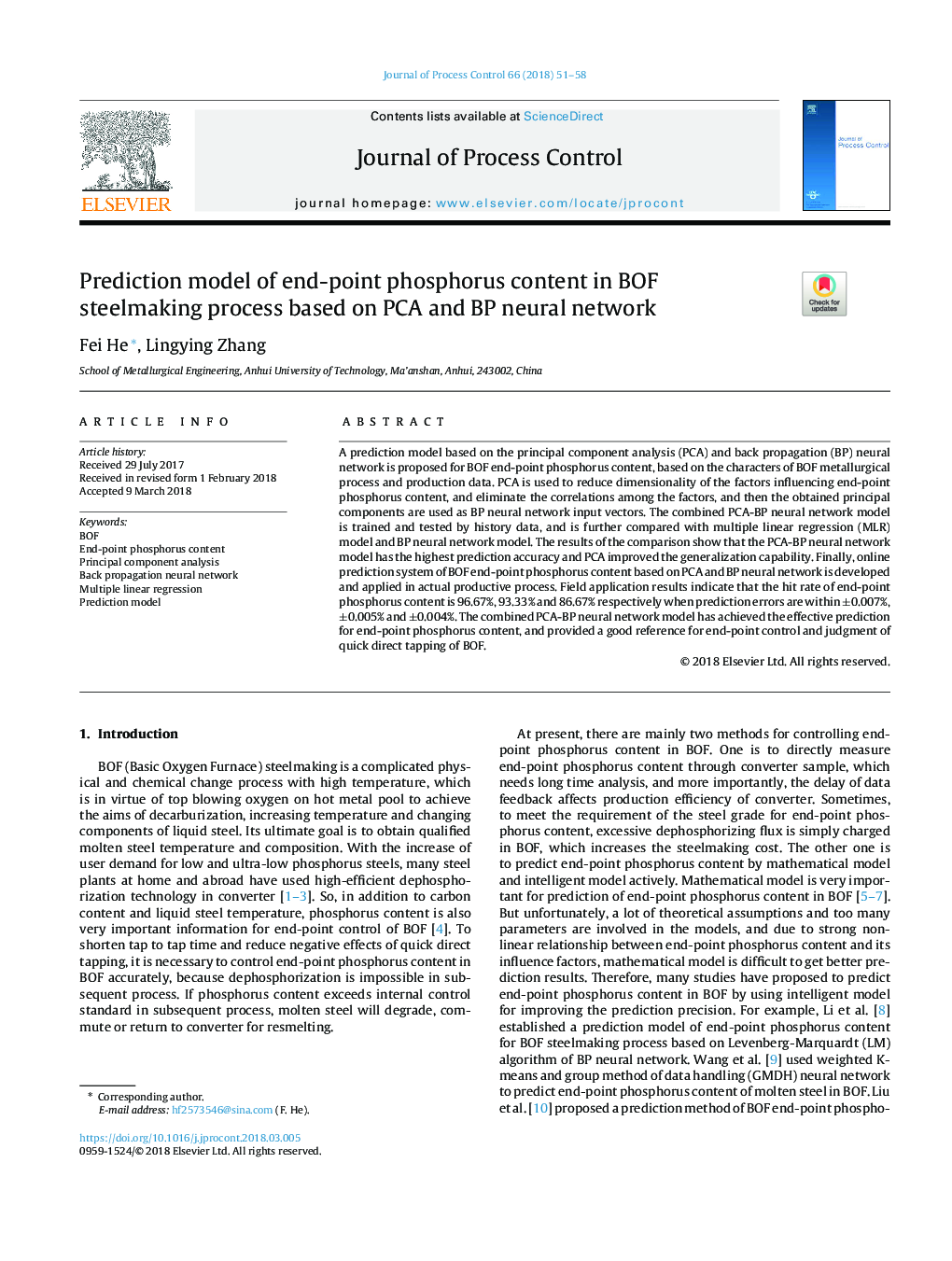 Prediction model of end-point phosphorus content in BOF steelmaking process based on PCA and BP neural network