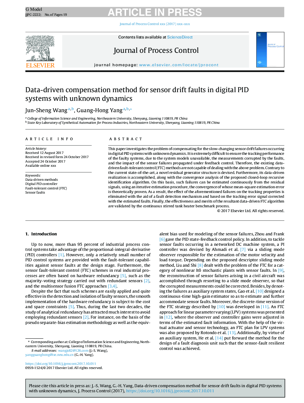 Data-driven compensation method for sensor drift faults in digital PID systems with unknown dynamics