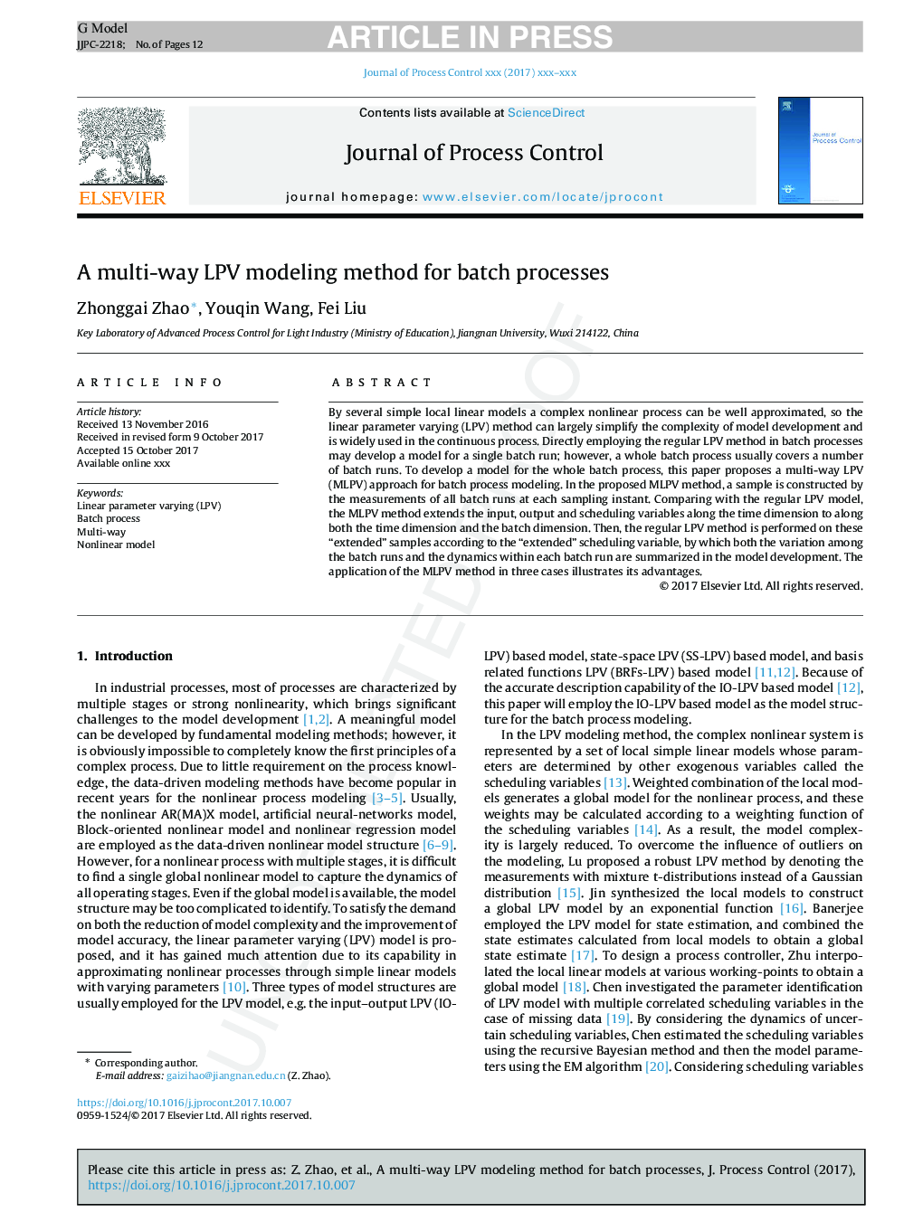 A multi-way LPV modeling method for batch processes