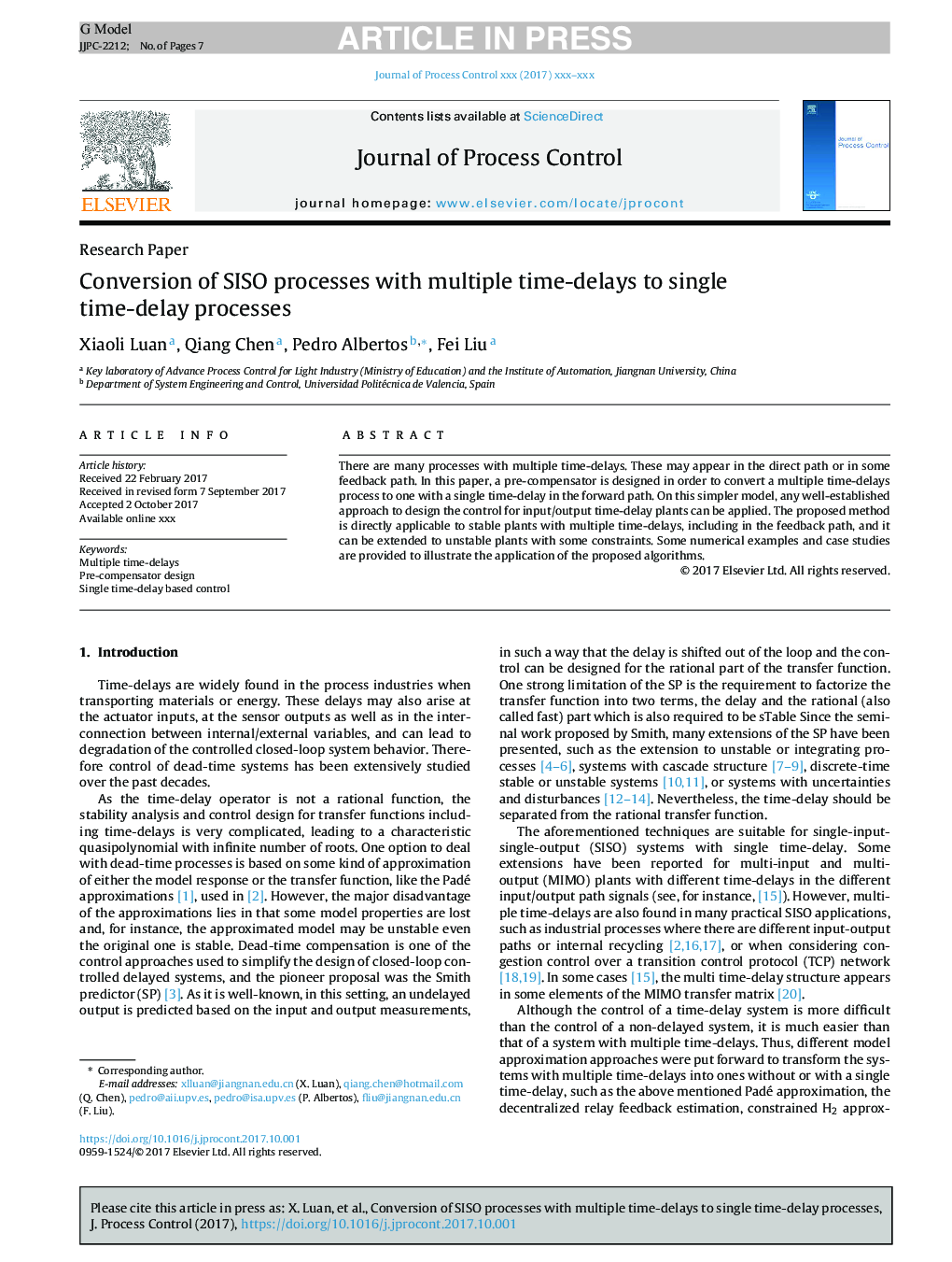 عکس صفحه اول مقاله: Conversion of SISO processes with multiple time-delays to single time-delay processes Conversion of SISO processes with multiple time-delays to single time-delay processes
