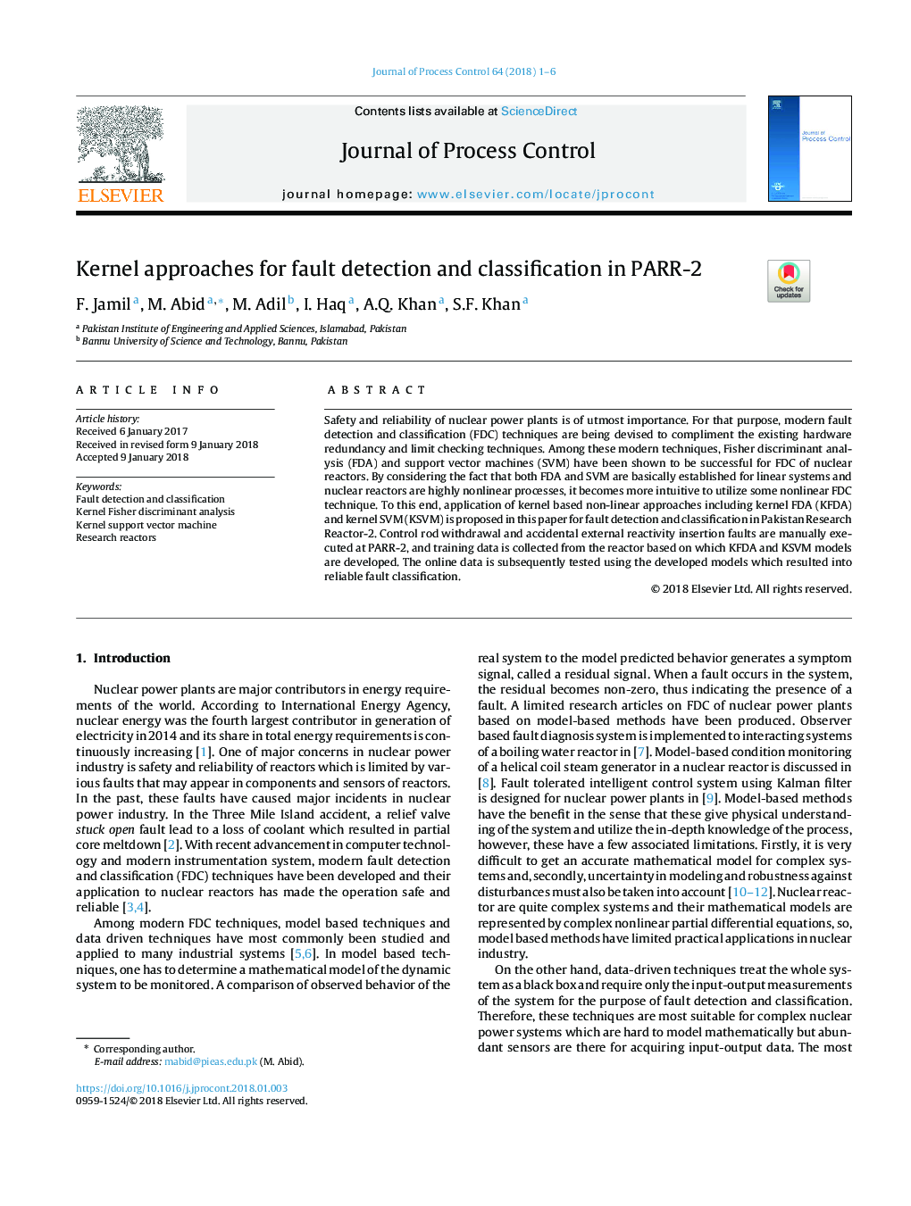 Kernel approaches for fault detection and classification in PARR-2