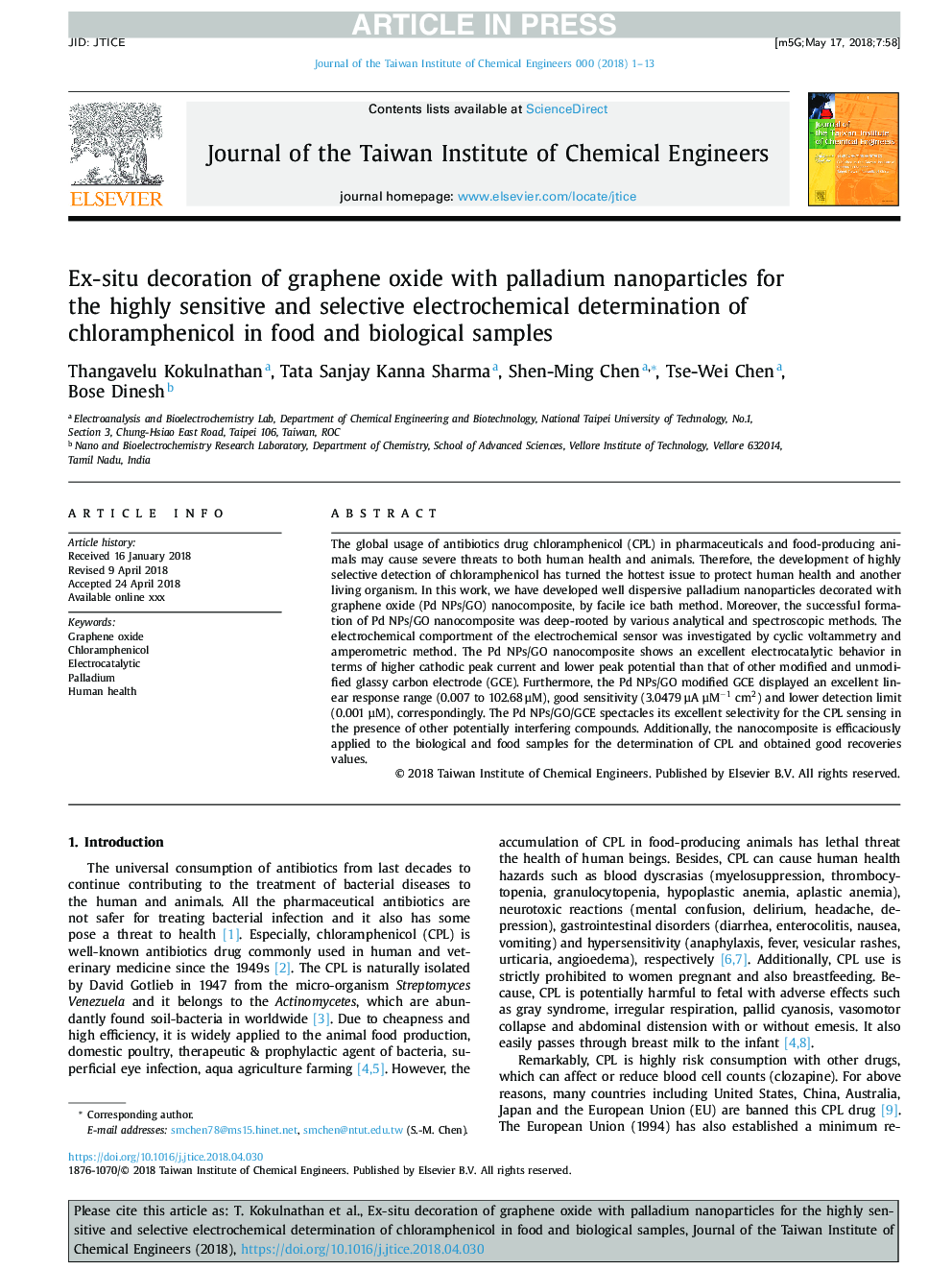 Ex-situ decoration of graphene oxide with palladium nanoparticles for the highly sensitive and selective electrochemical determination of chloramphenicol in food and biological samples