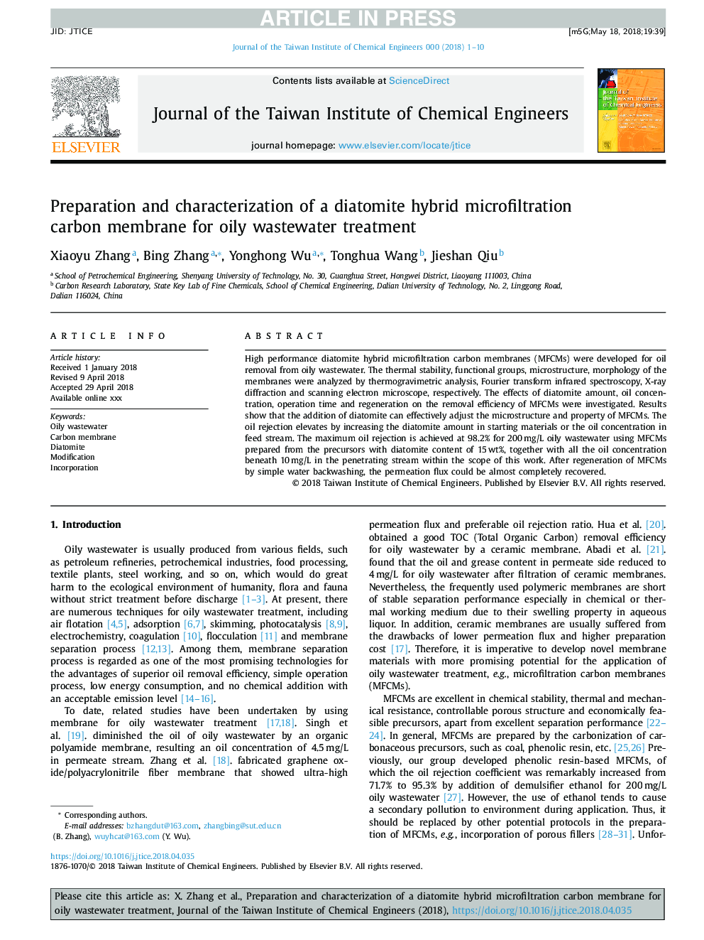 Preparation and characterization of a diatomite hybrid microfiltration carbon membrane for oily wastewater treatment