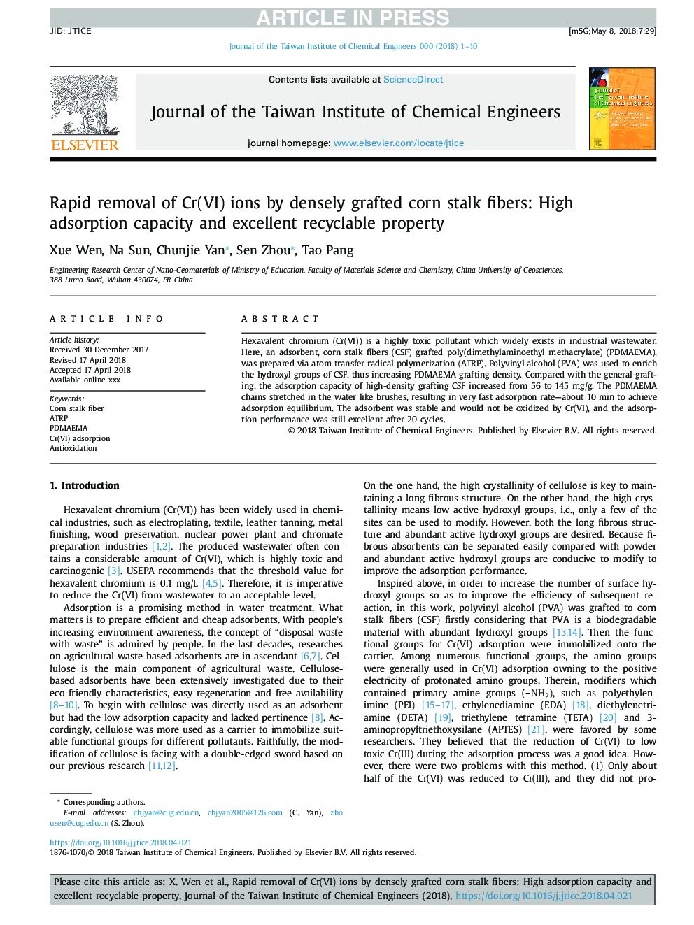 Rapid removal of Cr(VI) ions by densely grafted corn stalk fibers: High adsorption capacity and excellent recyclable property