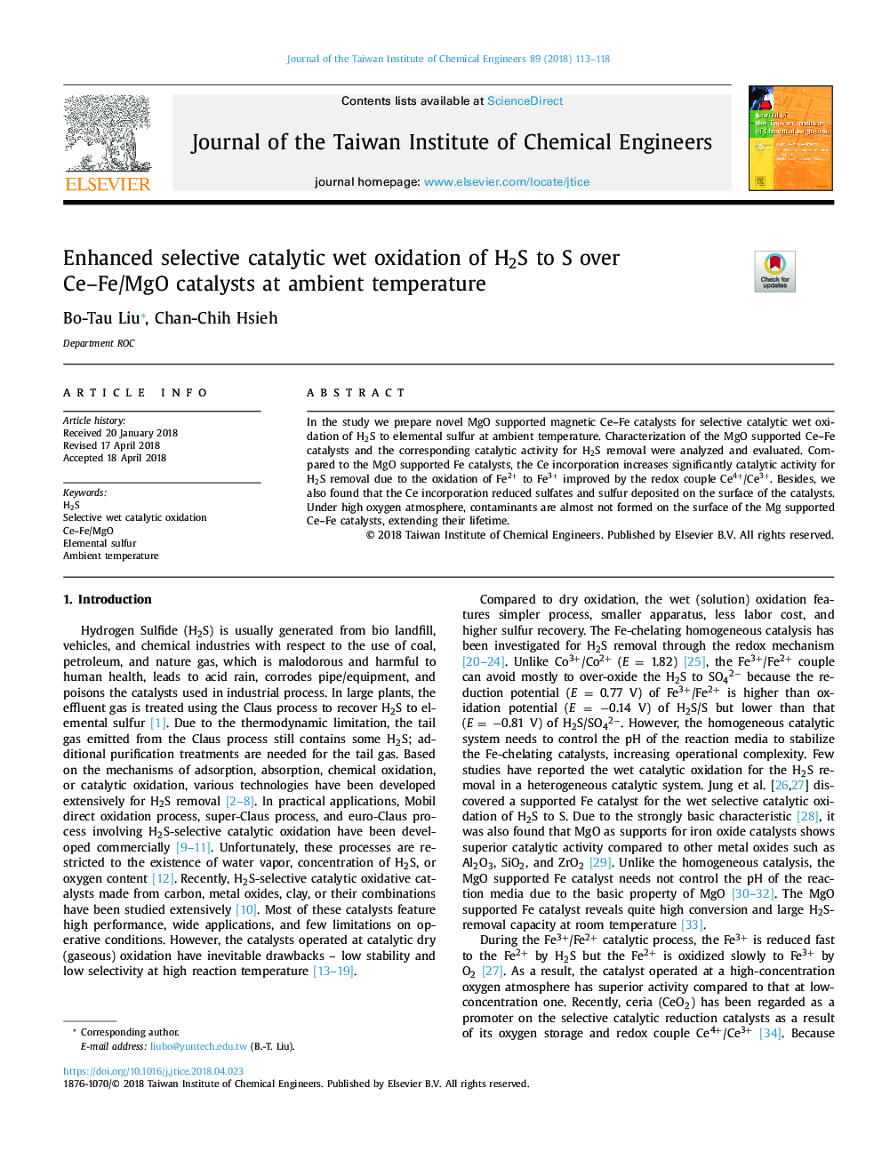 Enhanced selective catalytic wet oxidation of H2S to S over Ce-Fe/MgO catalysts at ambient temperature