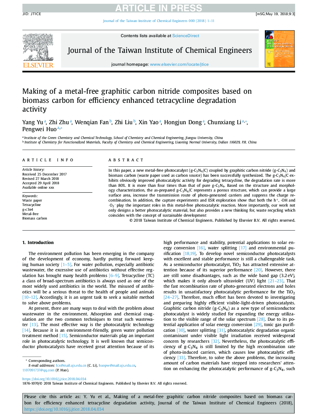 Making of a metal-free graphitic carbon nitride composites based on biomass carbon for efficiency enhanced tetracycline degradation activity