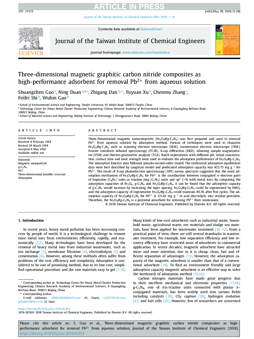 Three-dimensional magnetic graphitic carbon nitride composites as high-performance adsorbent for removal Pb2+ from aqueous solution