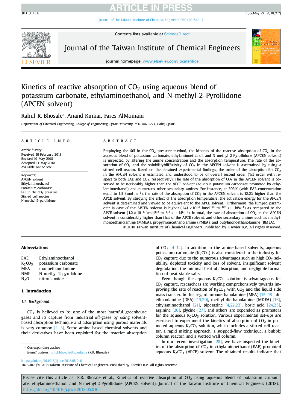 Kinetics of reactive absorption of CO2 using aqueous blend of potassium carbonate, ethylaminoethanol, and N-methyl-2-Pyrollidone (APCEN solvent)