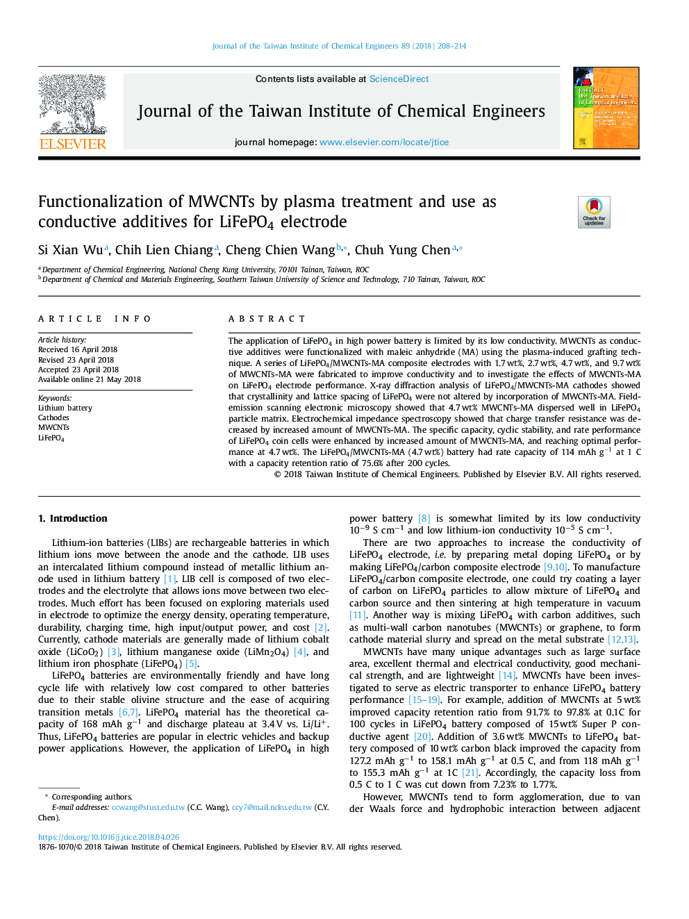 Functionalization of MWCNTs by plasma treatment and use as conductive additives for LiFePO4 electrode