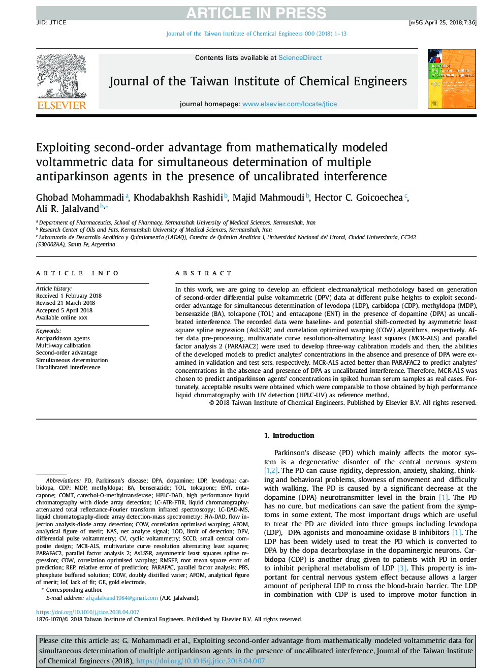 Exploiting second-order advantage from mathematically modeled voltammetric data for simultaneous determination of multiple antiparkinson agents in the presence of uncalibrated interference