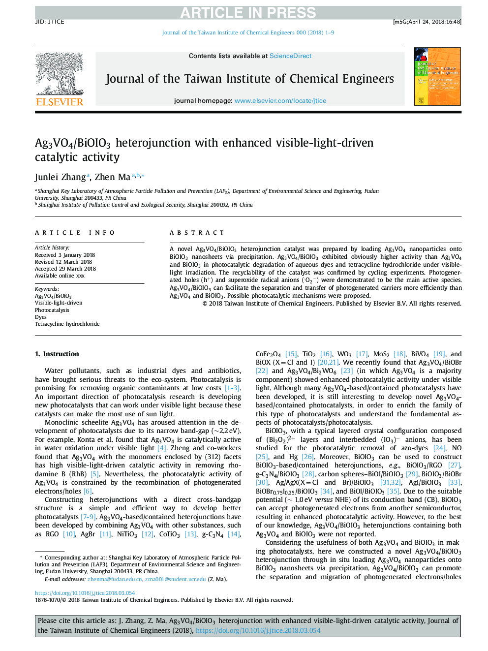 Ag3VO4/BiOIO3 heterojunction with enhanced visible-light-driven catalytic activity