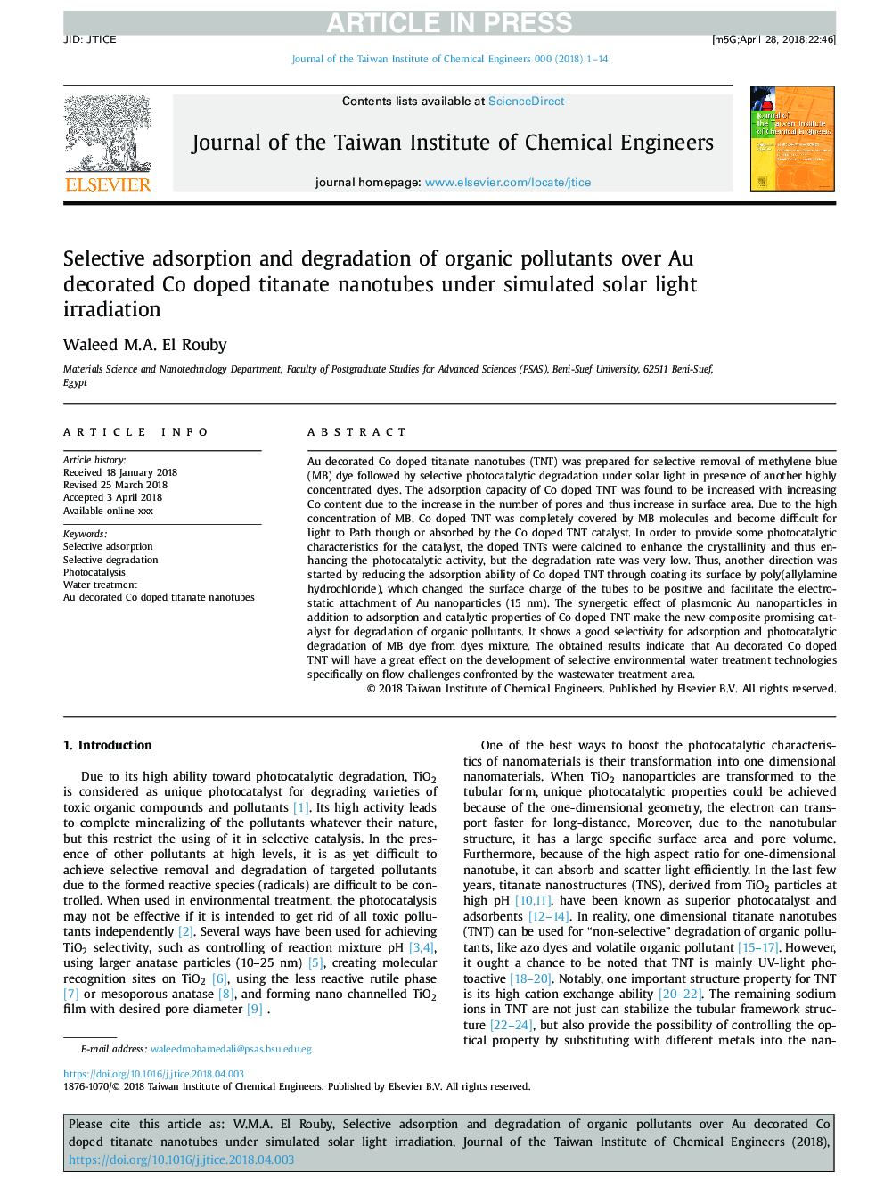 Selective adsorption and degradation of organic pollutants over Au decorated Co doped titanate nanotubes under simulated solar light irradiation