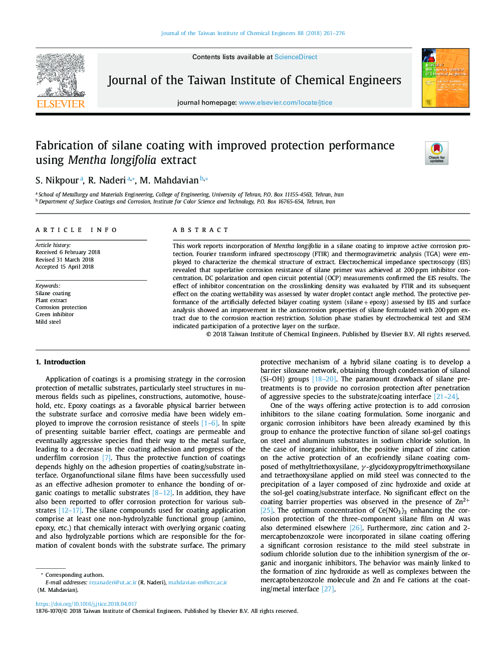 Fabrication of silane coating with improved protection performance using Mentha longifolia extract