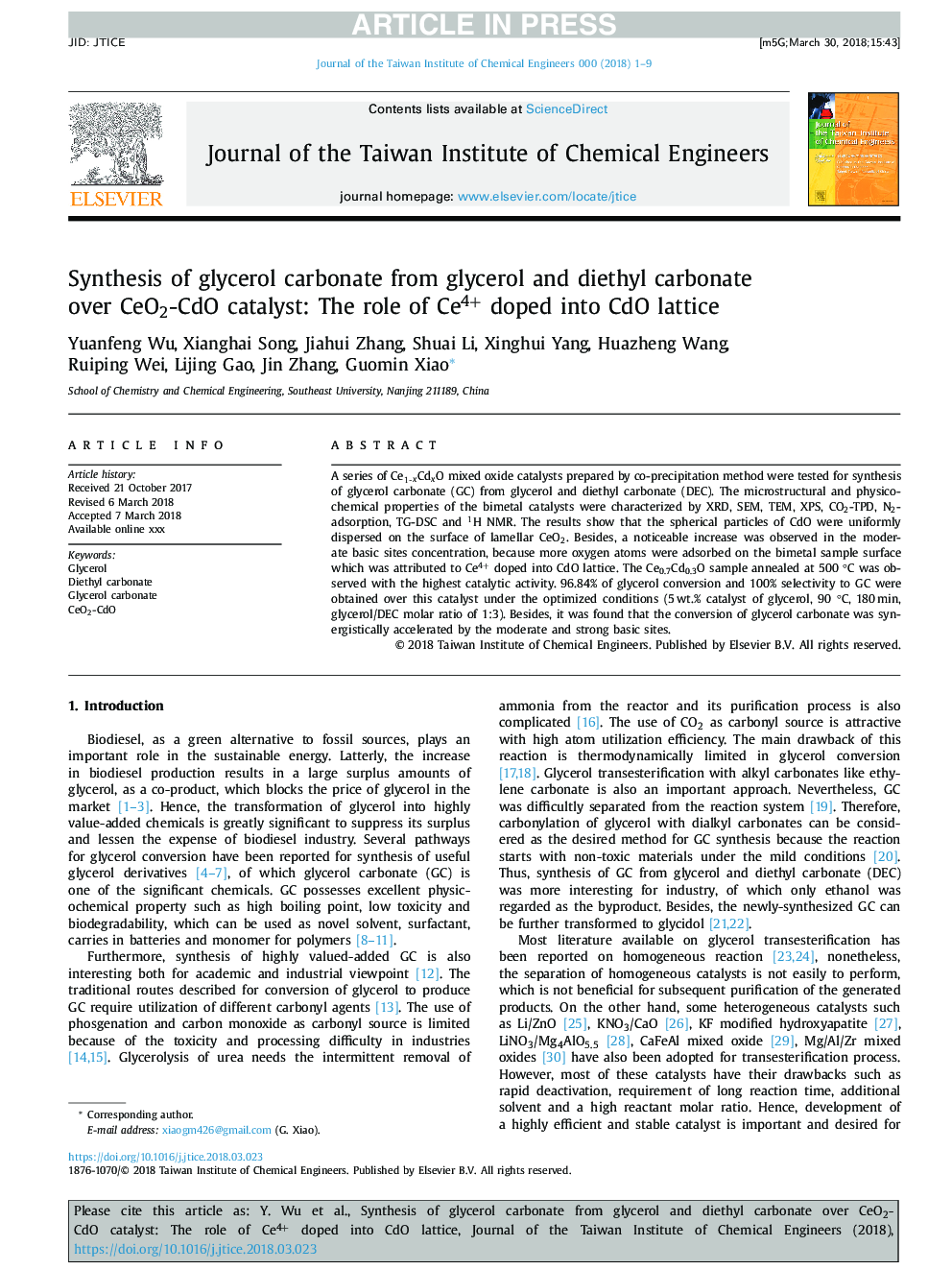 Synthesis of glycerol carbonate from glycerol and diethyl carbonate over CeO2-CdO catalyst: The role of Ce4+ doped into CdO lattice