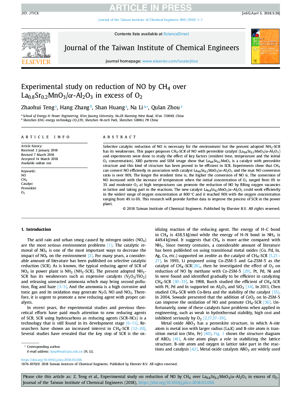 Experimental study on reduction of NO by CH4 over La0.8Sr0.2MnO3/Î±-Al2O3 in excess of O2