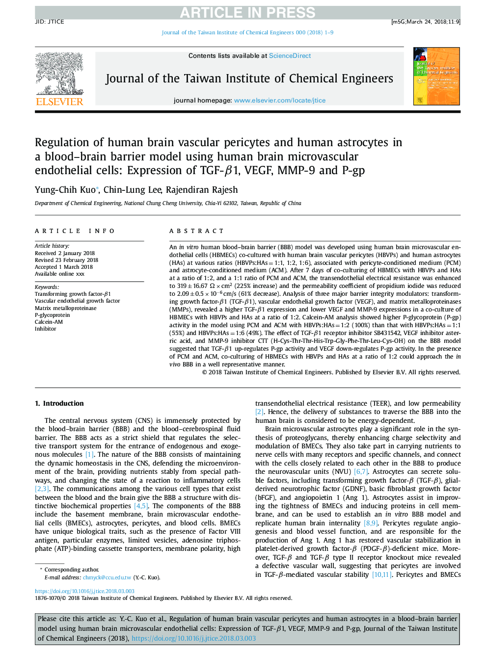 Regulation of human brain vascular pericytes and human astrocytes in a blood-brain barrier model using human brain microvascular endothelial cells: Expression of TGF-Î²1, VEGF, MMP-9 and P-gp