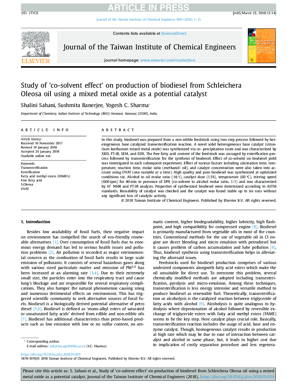 Study of 'co-solvent effect' on production of biodiesel from Schleichera Oleosa oil using a mixed metal oxide as a potential catalyst