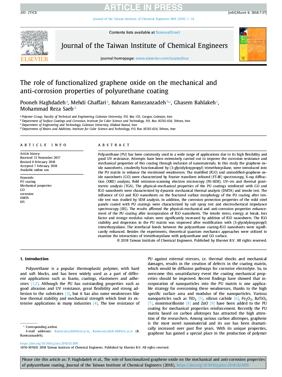 نقش اکسید گرافن کارکردی بر خواص مکانیکی و ضد خوردگی پوشش پلی اورتان 