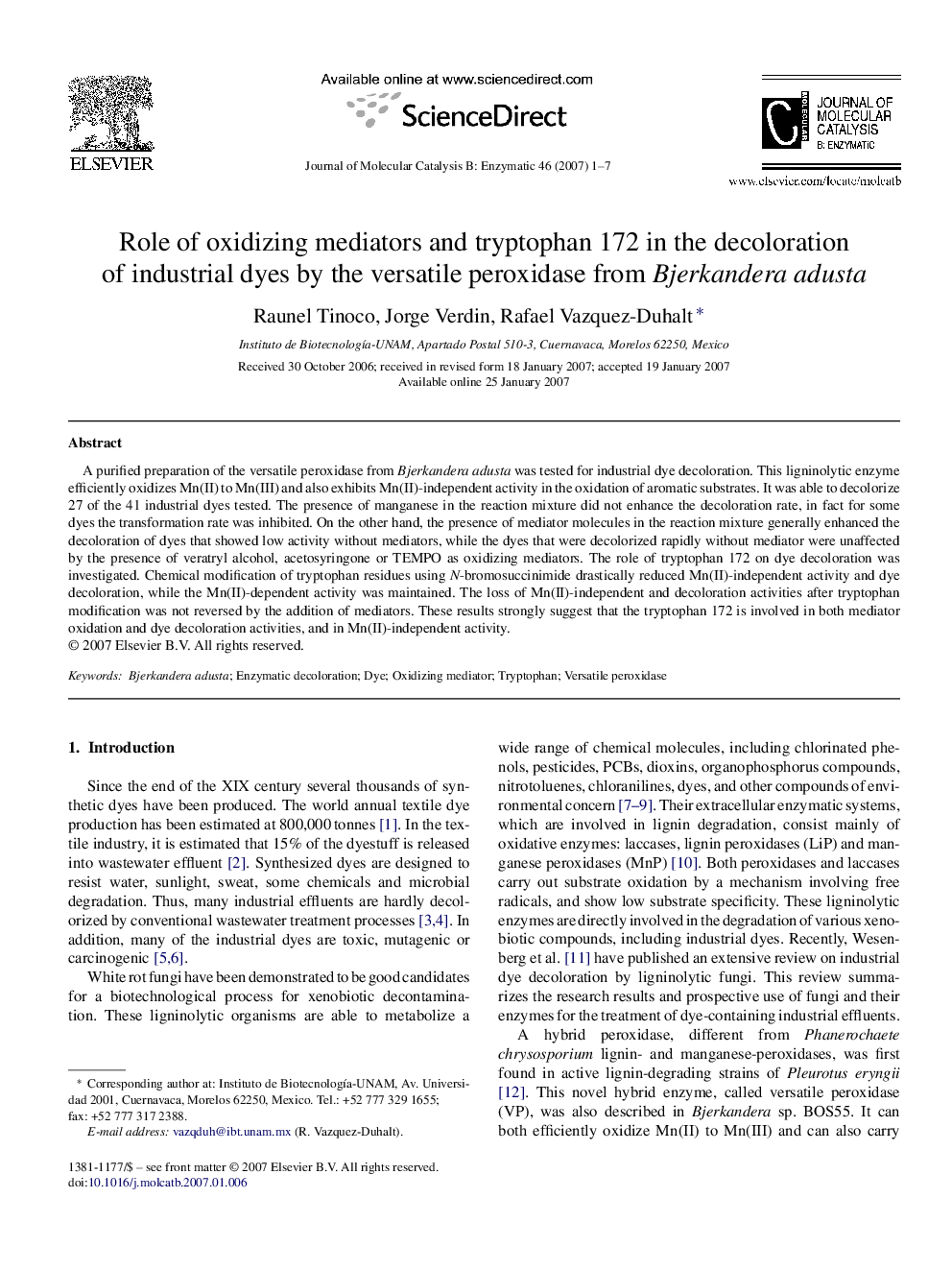 Role of oxidizing mediators and tryptophan 172 in the decoloration of industrial dyes by the versatile peroxidase from Bjerkandera adusta