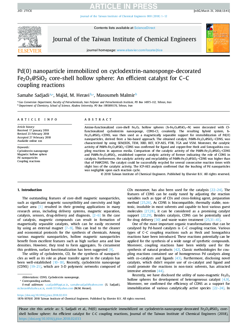 Pd(0) nanoparticle immobilized on cyclodextrin-nanosponge-decorated Fe2O3@SiO2 core-shell hollow sphere: An efficient catalyst for CC coupling reactions