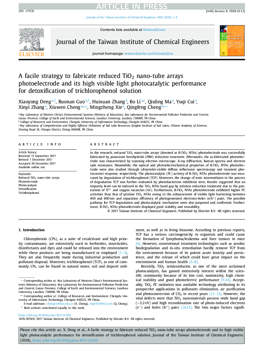 A facile strategy to fabricate reduced TiO2 nano-tube arrays photoelectrode and its high visible light photocatalytic performance for detoxification of trichlorophenol solution