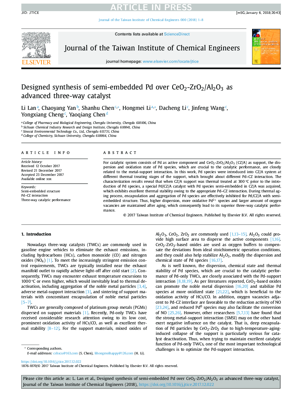 Designed synthesis of semi-embedded Pd over CeO2-ZrO2/Al2O3 as advanced three-way catalyst