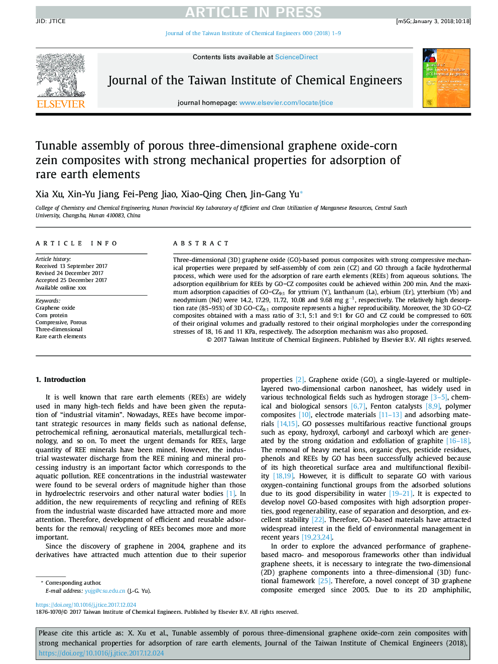 Tunable assembly of porous three-dimensional graphene oxide-corn zein composites with strong mechanical properties for adsorption of rare earth elements