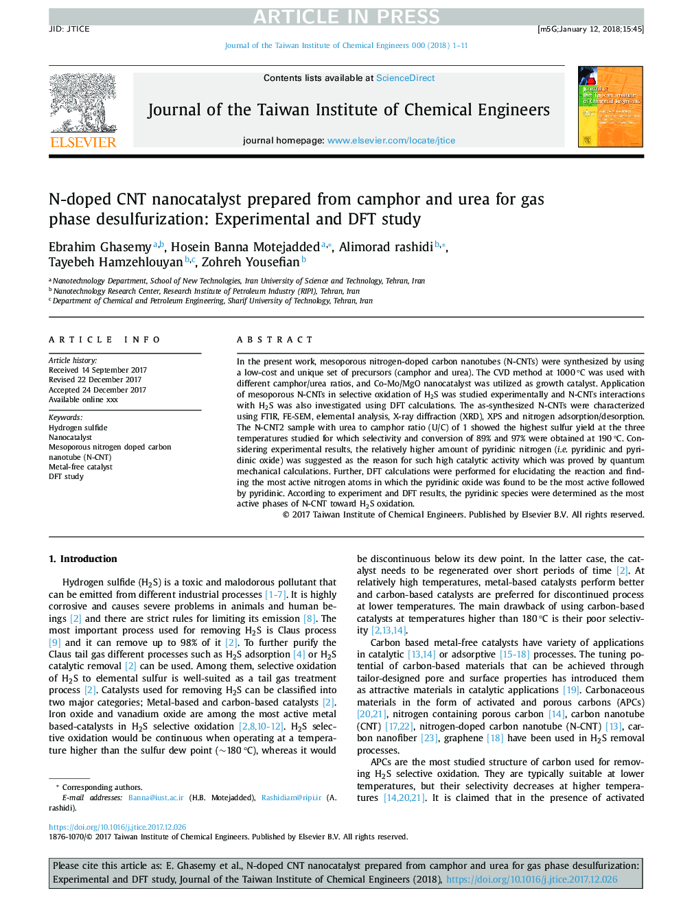 N-doped CNT nanocatalyst prepared from camphor and urea for gas phase desulfurization: Experimental and DFT study