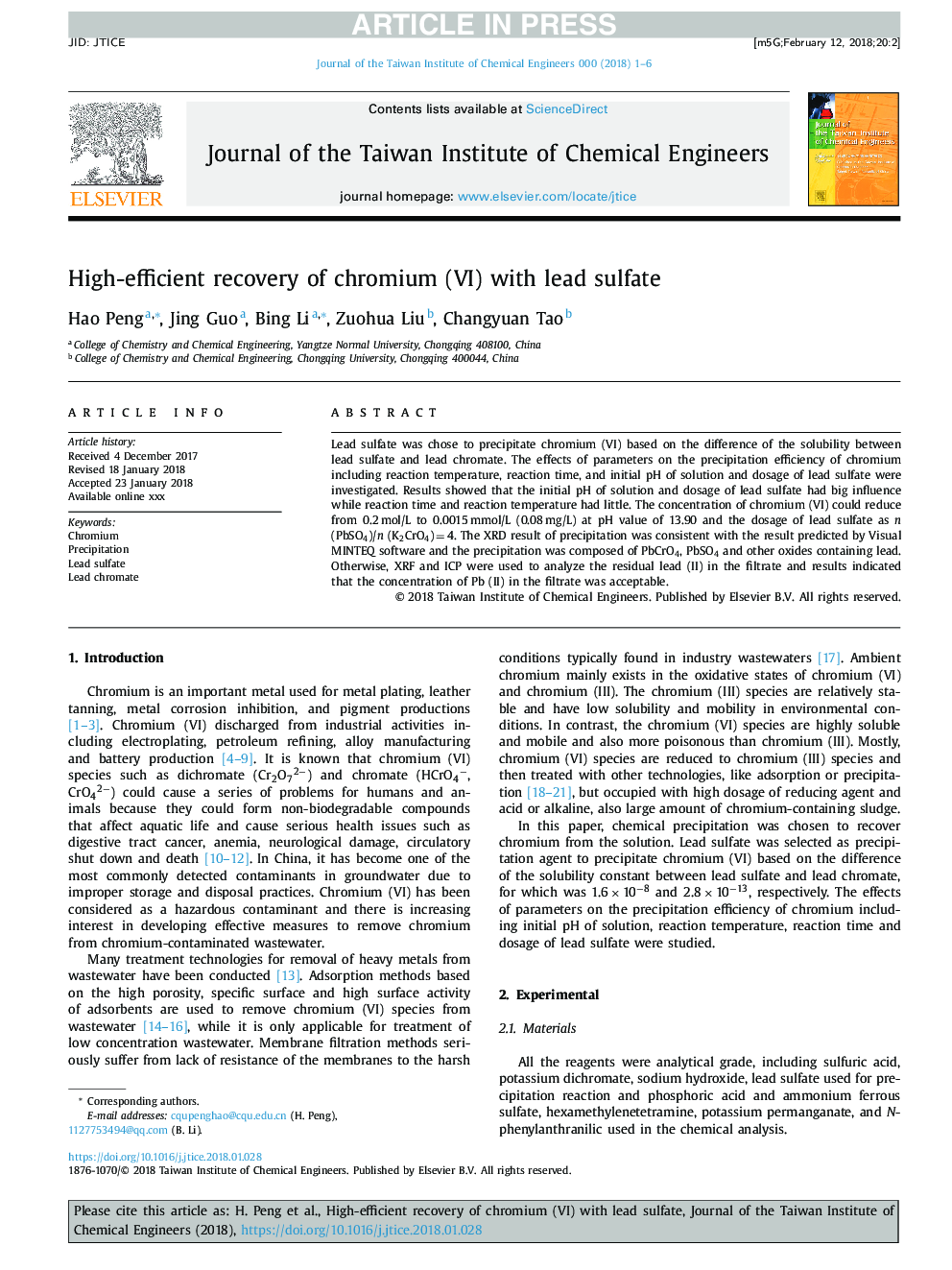 High-efficient recovery of chromium (VI) with lead sulfate