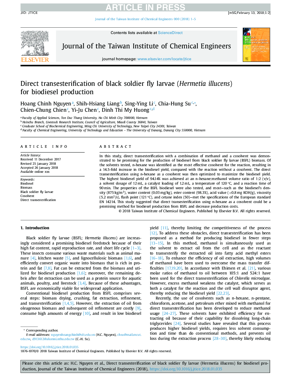 Direct transesterification of black soldier fly larvae (Hermetia illucens) for biodiesel production