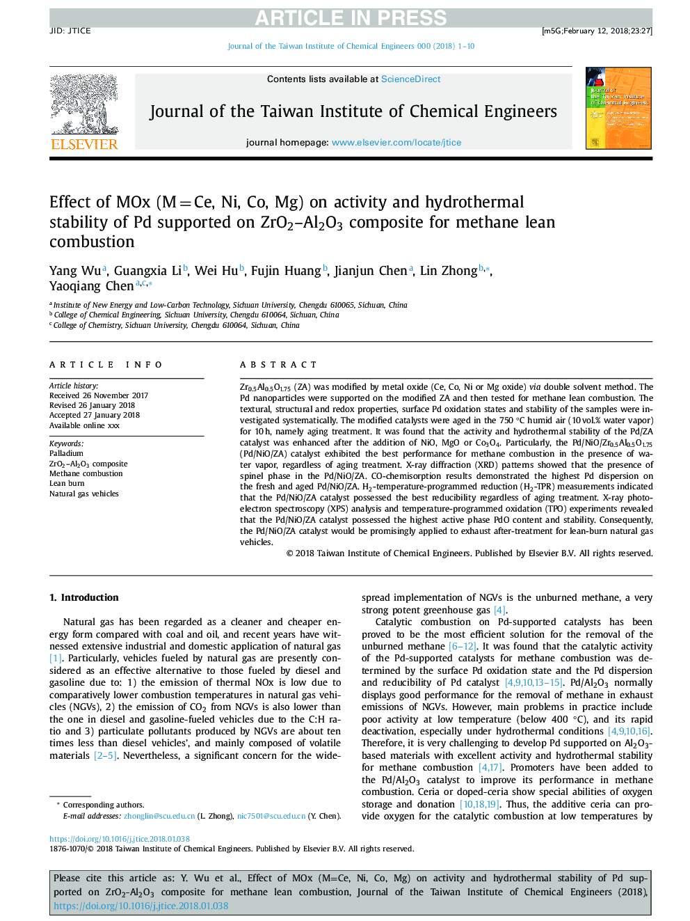 Effect of MOx (Mâ¯=â¯Ce, Ni, Co, Mg) on activity and hydrothermal stability of Pd supported on ZrO2-Al2O3 composite for methane lean combustion