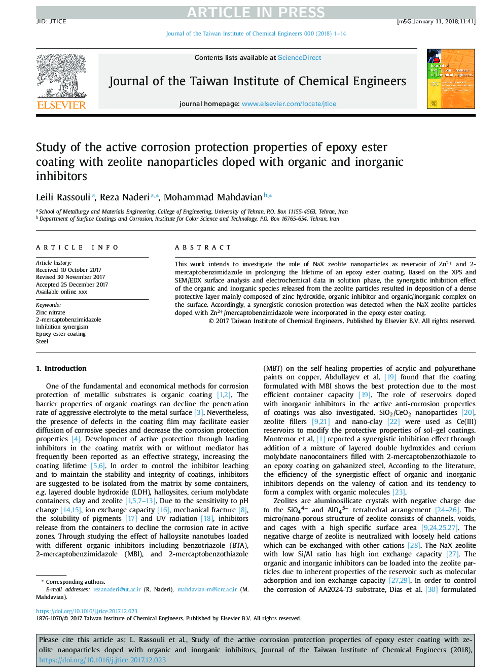 Study of the active corrosion protection properties of epoxy ester coating with zeolite nanoparticles doped with organic and inorganic inhibitors