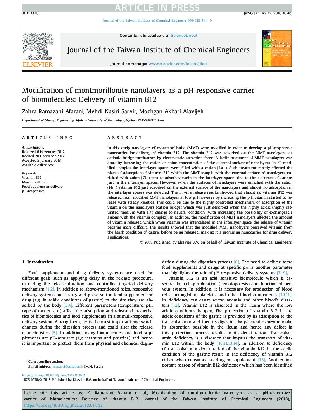 Modification of montmorillonite nanolayers as a pH-responsive carrier of biomolecules: Delivery of vitamin B12